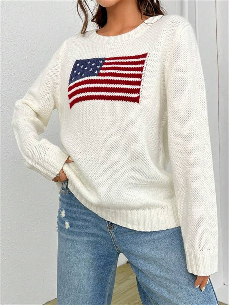 Women's Loose Round Neck Flag Sweater