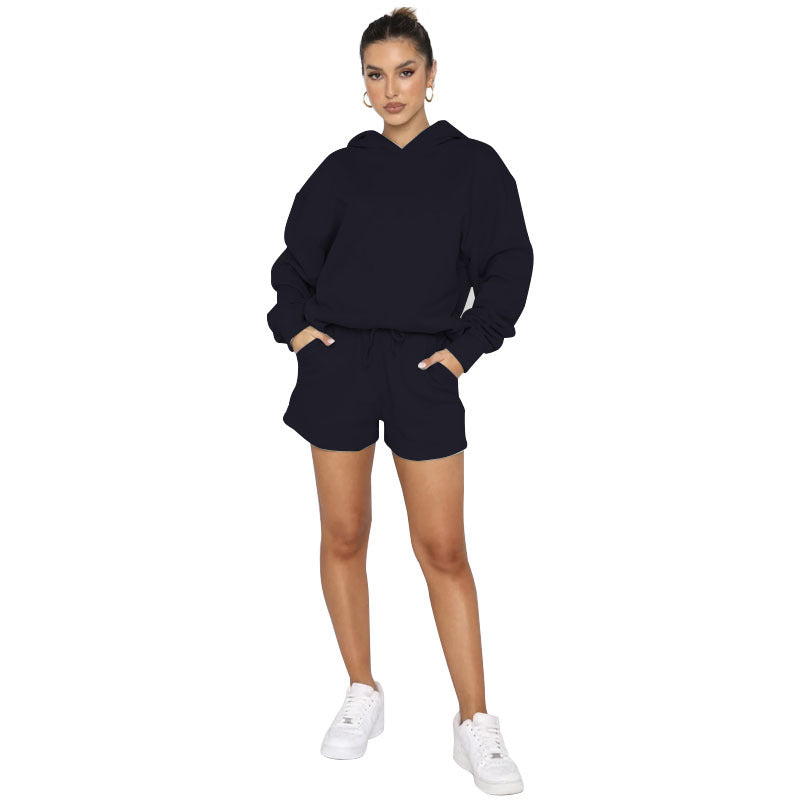 Solid Color Pullover Hooded Long Sleeves Sweater with matching shorts