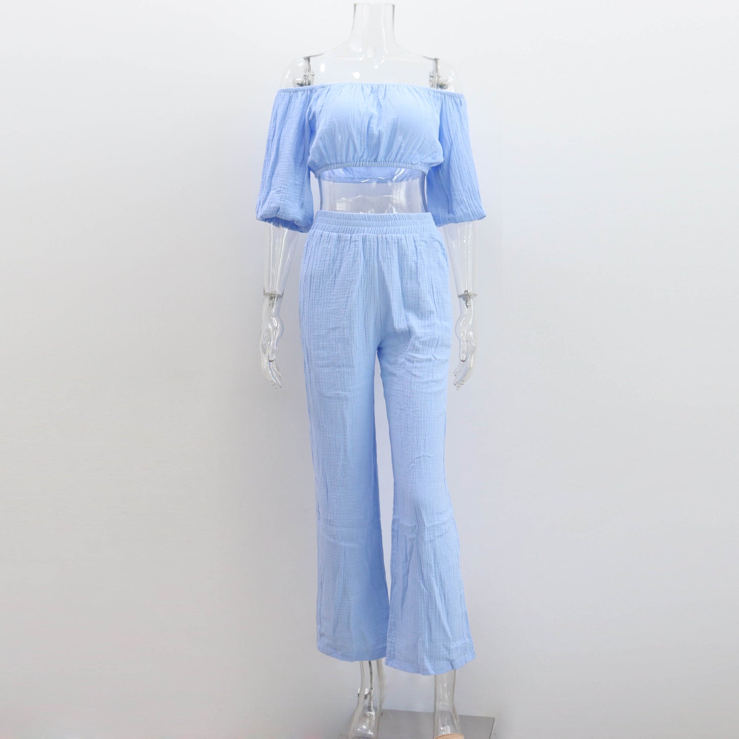 Women's Summer Pure Cotton Solid Color Off-shoulder Top Wide Leg Pants Casual Suit