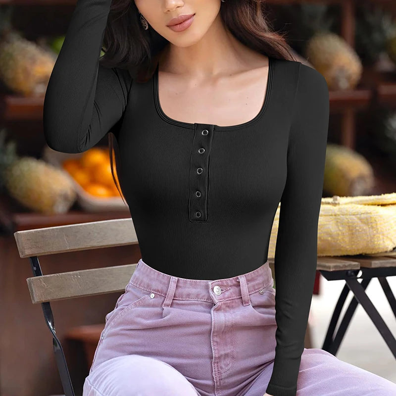 Women's Bodysuits Sexy Ribbed One Piece Long Sleeve Button Square Neck Tops Bodysuits