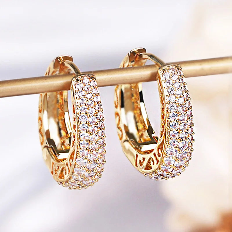 Huitan Luxury Paved CZ Hoop Earrings for Women Gold Color Hollow Out Design Temperament Female Ear Accessories Fashion Jewelry