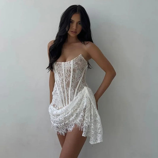 High Quality Luxury Sexy Lace Mesh One Shoulder Bra Slim Slim Fit Dress Bodycon Vintage Mini Dress