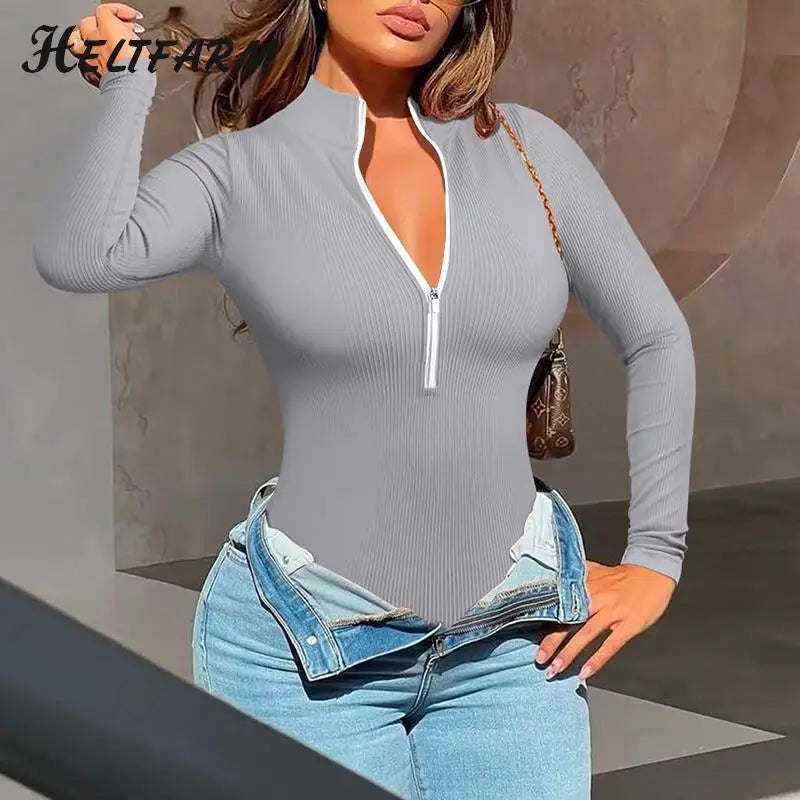 Women's Bodysuits Sexy Ribbed One Piece Zip Front Long Sleeve Tops Bodysuits Solid Color Stretch Bottom Shirt