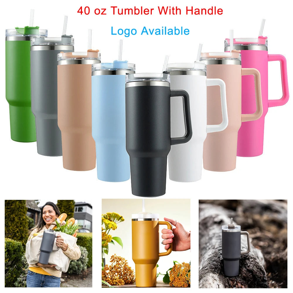 40 oz Tumbler With Handle Insulated Mug With Straw Lids Stainless Steel Coffee Termos Cup In-Car Vacuum Flasks Bottle with logo