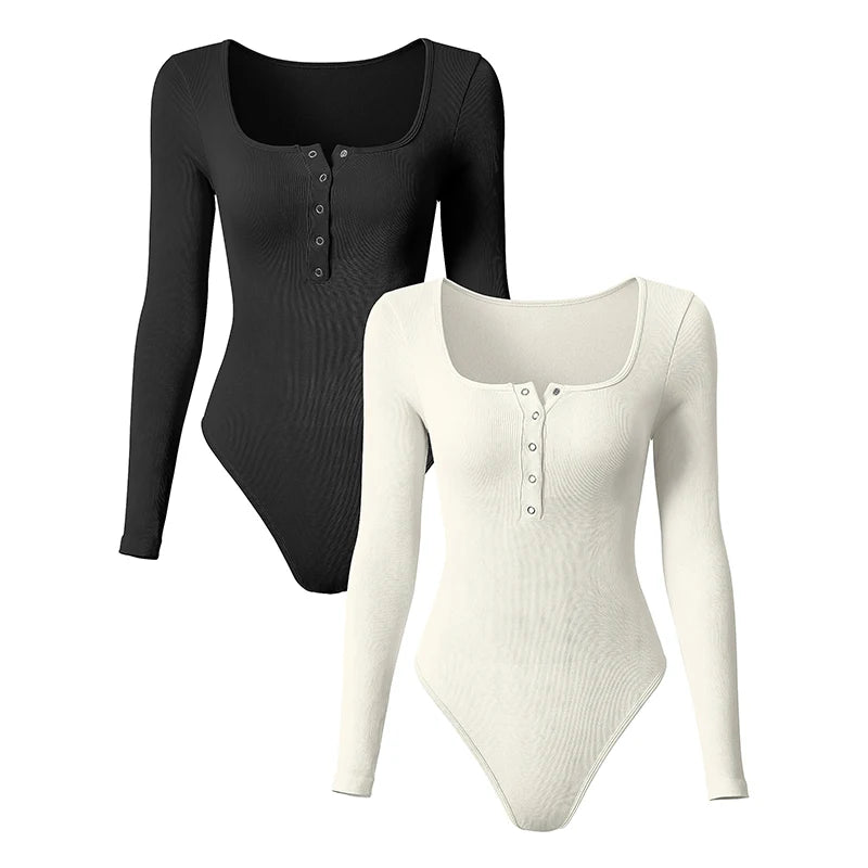 Women's Bodysuits Sexy Ribbed One Piece Long Sleeve Button Square Neck Tops Bodysuits