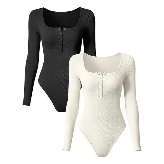 Women's Bodysuits Sexy Ribbed One Piece Long Sleeve Button Square Neck Tops Bodysuits