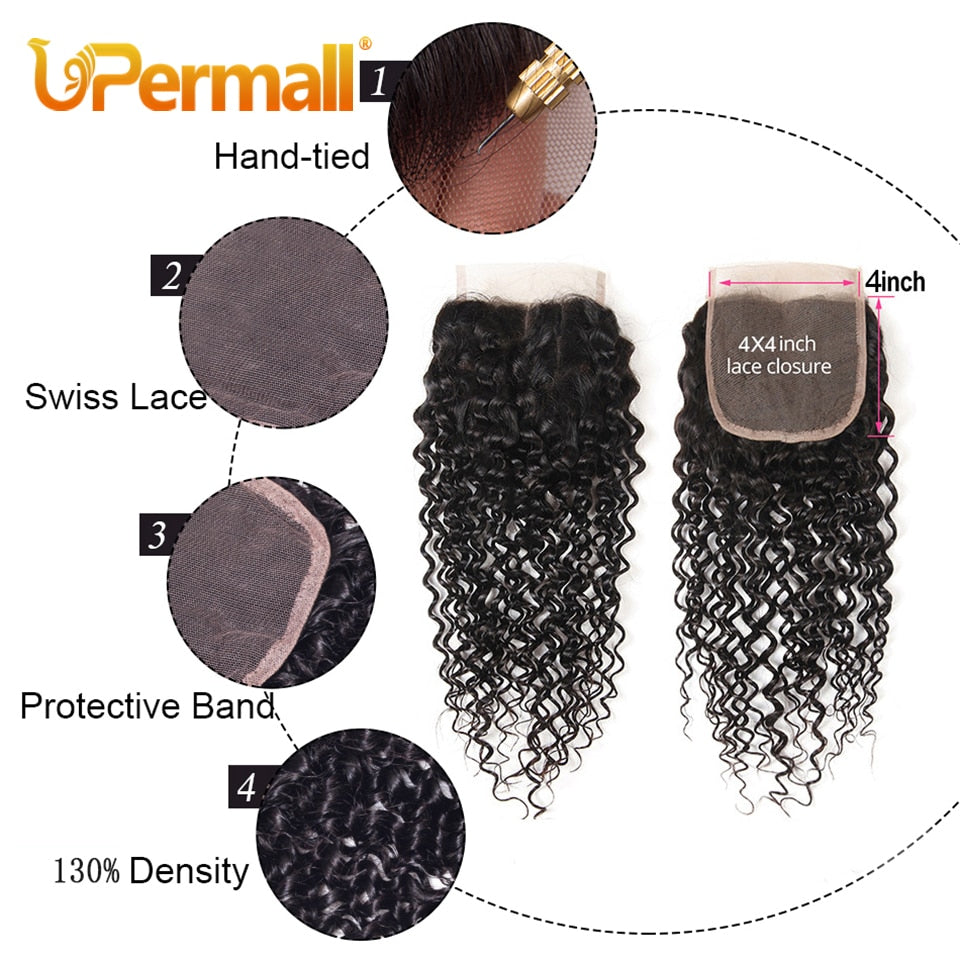 Upermall 3/4 Brazilian Remy Kinky Curly Human Hair Bundles With Closure Transparent 4x4 Lace Closure and Weave Bundle 10A Soft