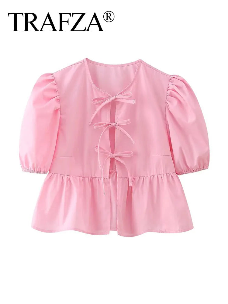 Women Sweet Pleats Puff Sleeve Bow Tied Lace Up  Blouse  Shirt Chic Chemise Blusas Tops