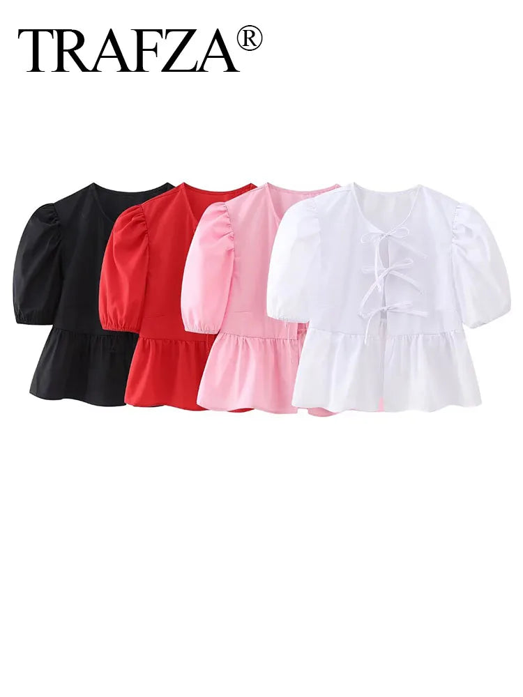 Women Sweet Pleats Puff Sleeve Bow Tied Lace Up  Blouse  Shirt Chic Chemise Blusas Tops