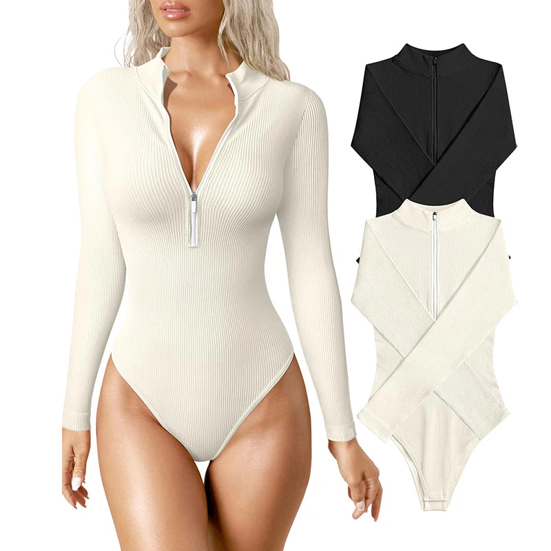 Women's Bodysuits Sexy Ribbed One Piece Zip Front Long Sleeve Tops Bodysuits Solid Color Stretch Bottom Shirt