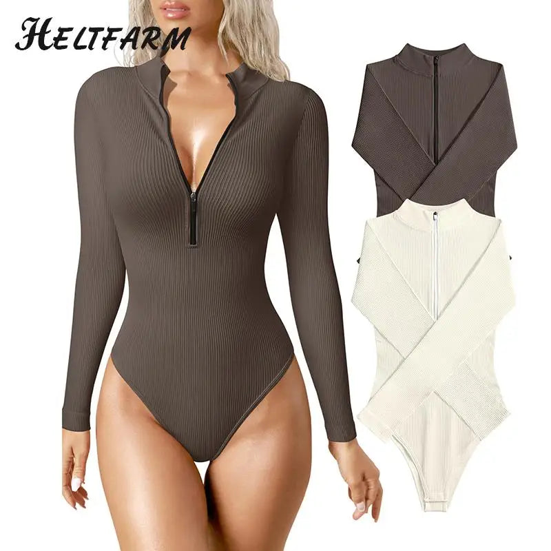 Women's Bodysuits Sexy Ribbed One Piece Zip Front Long Sleeve Tops Bodysuits Solid Color Stretch Bottom Shirt