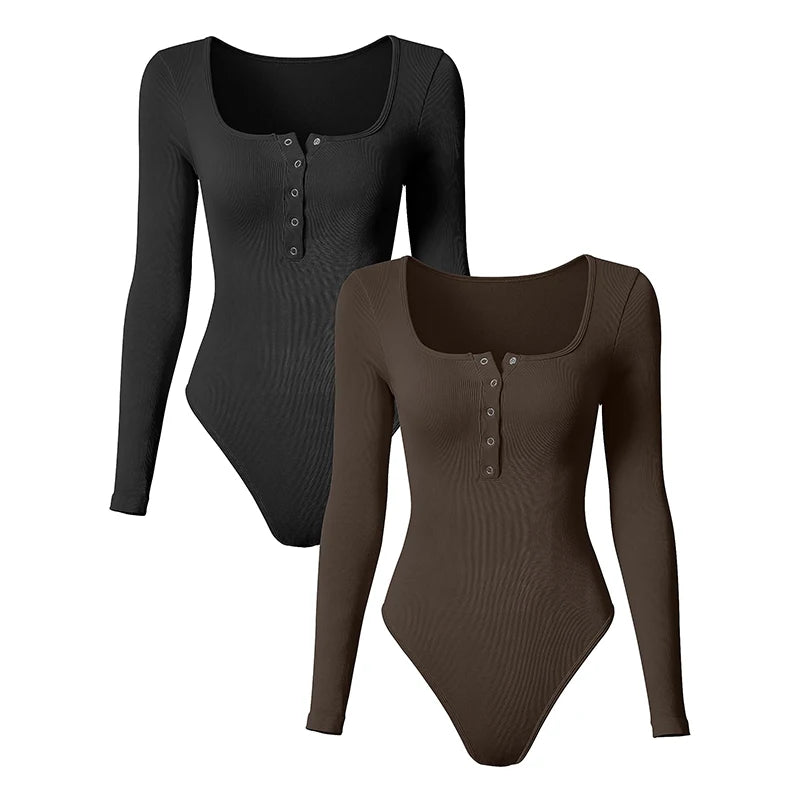 Women's Bodysuits Sexy Ribbed One Piece Long Sleeve Button Square Neck Tops Bodysuits