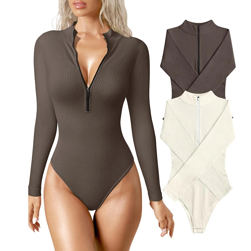 Women's Bodysuits Sexy Ribbed One Piece Zip Front Long Sleeve Tops Bodysuits Solid Color Stretch Bottom Shirt