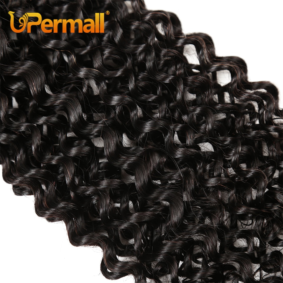 Upermall 3/4 Brazilian Remy Kinky Curly Human Hair Bundles With Closure Transparent 4x4 Lace Closure and Weave Bundle 10A Soft