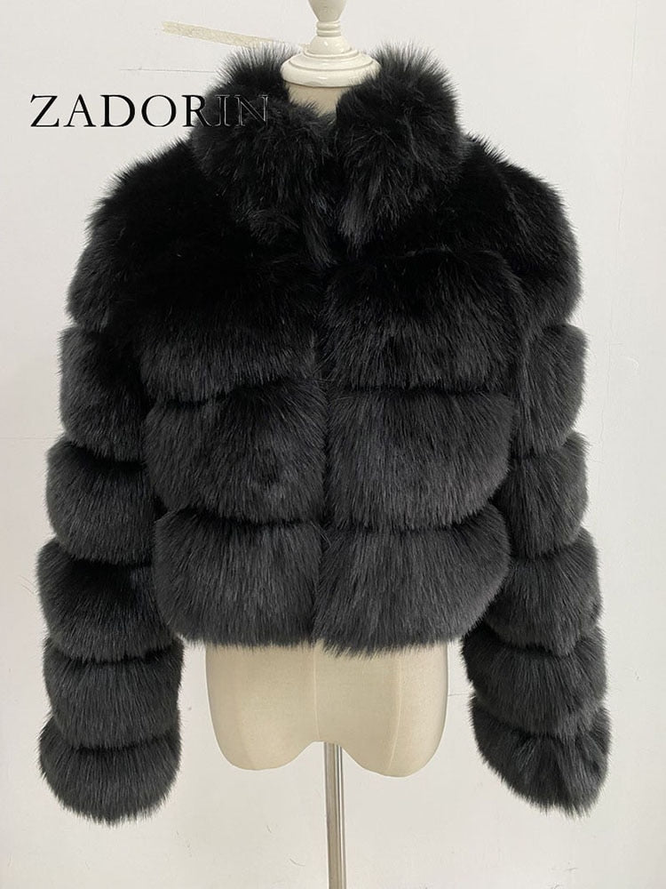 ZADORIN New Fashion Short Winter Faux Fox Fur Coat Women Luxury Stand Fur Collar Thick Warm Furry Jacket Faux Fur Cropped Top