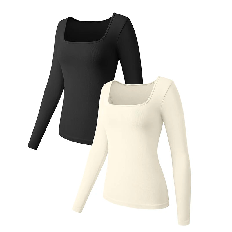 Women's Tops Long-sleeved Square Neck Stretch Ribbed Tight T-shirt Solid Color Tops Close-fitting Bottoming Shirt