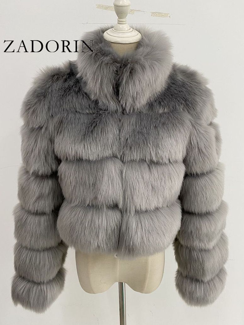 ZADORIN New Fashion Short Winter Faux Fox Fur Coat Women Luxury Stand Fur Collar Thick Warm Furry Jacket Faux Fur Cropped Top