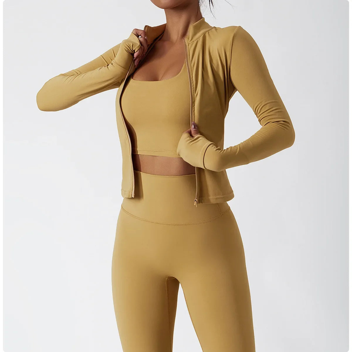 Women Full Zip-up Yoga Top Gym Workout Running Jackets with Thumb Holes Stretchy Fitted Long Sleeve Crop Tops Activewear