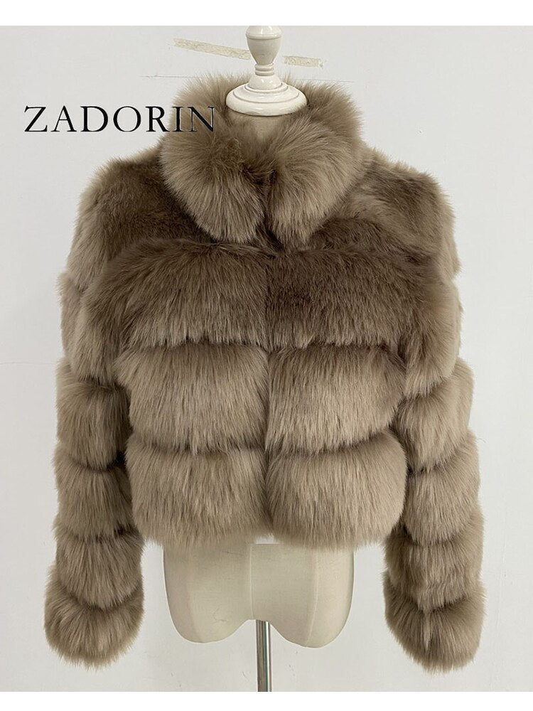 ZADORIN New Fashion Short Winter Faux Fox Fur Coat Women Luxury Stand Fur Collar Thick Warm Furry Jacket Faux Fur Cropped Top