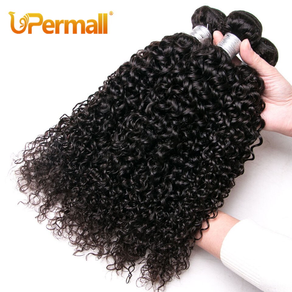 Upermall 3/4 Brazilian Remy Kinky Curly Human Hair Bundles With Closure Transparent 4x4 Lace Closure and Weave Bundle 10A Soft