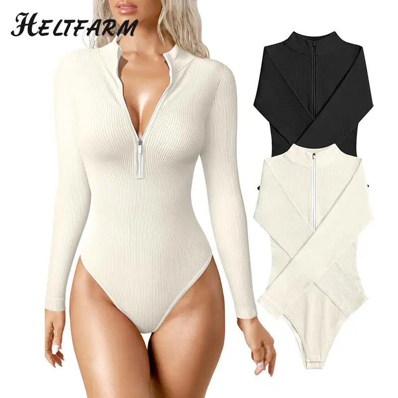 Women's Bodysuits Sexy Ribbed One Piece Zip Front Long Sleeve Tops Bodysuits Solid Color Stretch Bottom Shirt