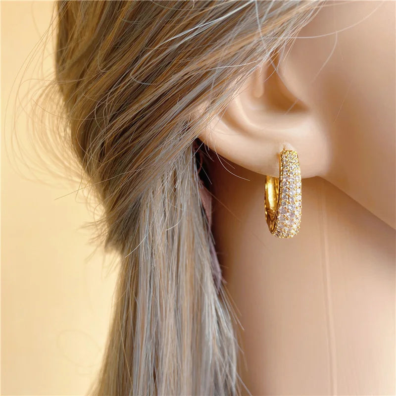 Huitan Luxury Paved CZ Hoop Earrings for Women Gold Color Hollow Out Design Temperament Female Ear Accessories Fashion Jewelry