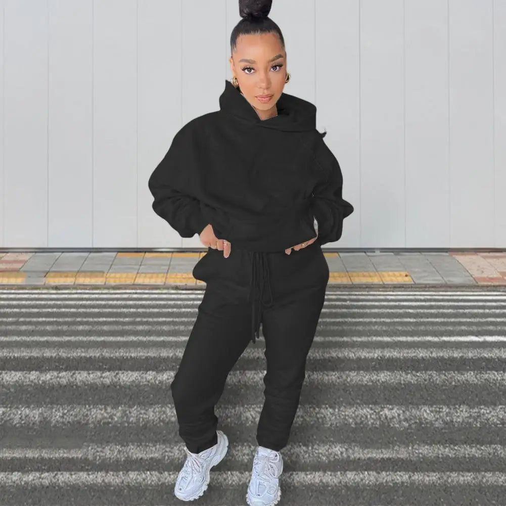 2Pcs Set Women Tracksuit Fleece Long Sleeve Pullover Warm Top Hoodie+Jogger Pants