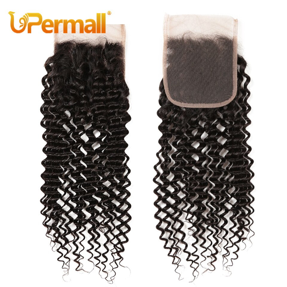 Upermall 3/4 Brazilian Remy Kinky Curly Human Hair Bundles With Closure Transparent 4x4 Lace Closure and Weave Bundle 10A Soft