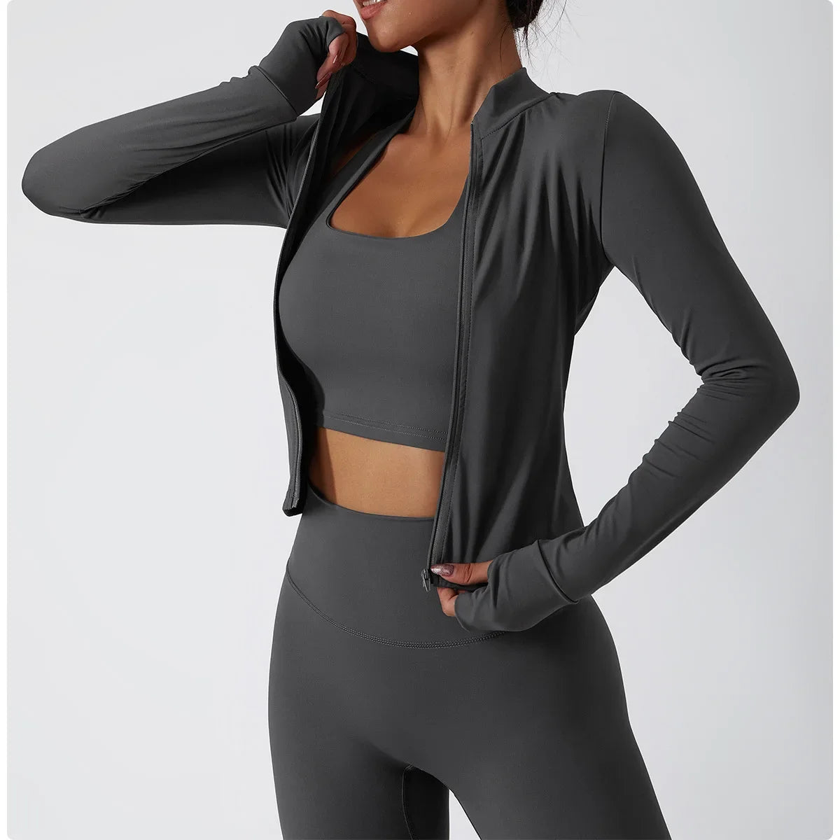 Women Full Zip-up Yoga Top Gym Workout Running Jackets with Thumb Holes Stretchy Fitted Long Sleeve Crop Tops Activewear