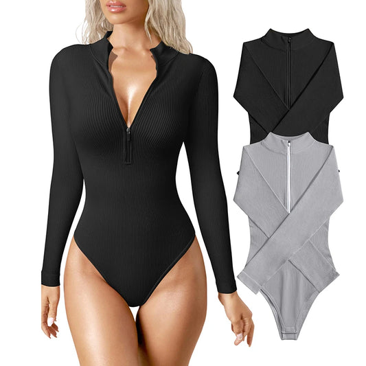 Women's Bodysuits Sexy Ribbed One Piece Zip Front Long Sleeve Tops Bodysuits Solid Color Stretch Bottom Shirt