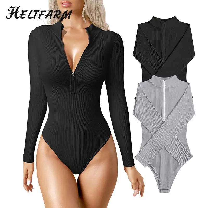 Women's Bodysuits Sexy Ribbed One Piece Zip Front Long Sleeve Tops Bodysuits Solid Color Stretch Bottom Shirt