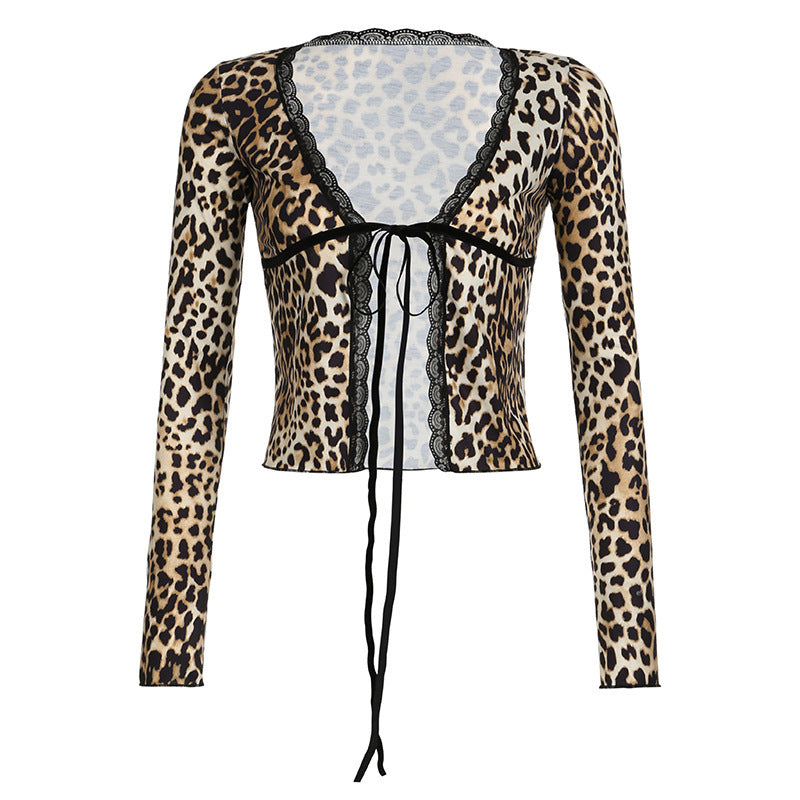 Lace Stitching Leopard Print Contrast Color Lace-up Top