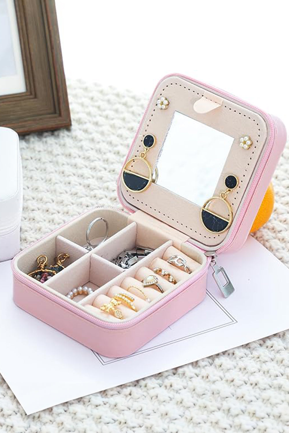 Pink R Chenille Patch Jewelry Box with Mirror