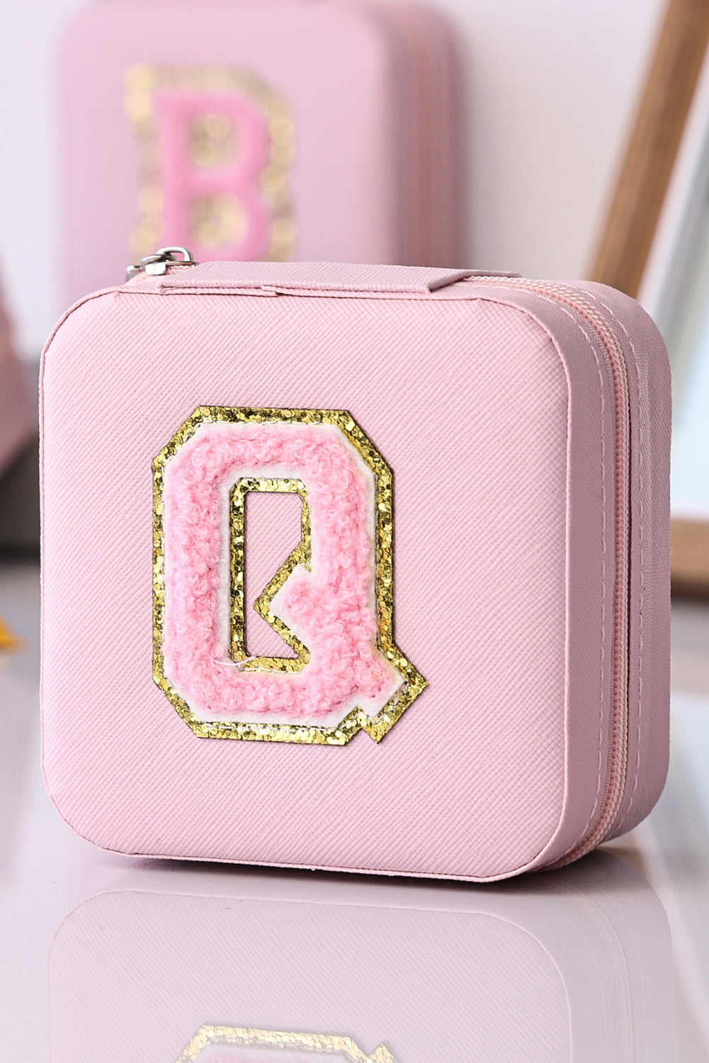 Pink Q Chenille Patch Jewelry Box with Mirror