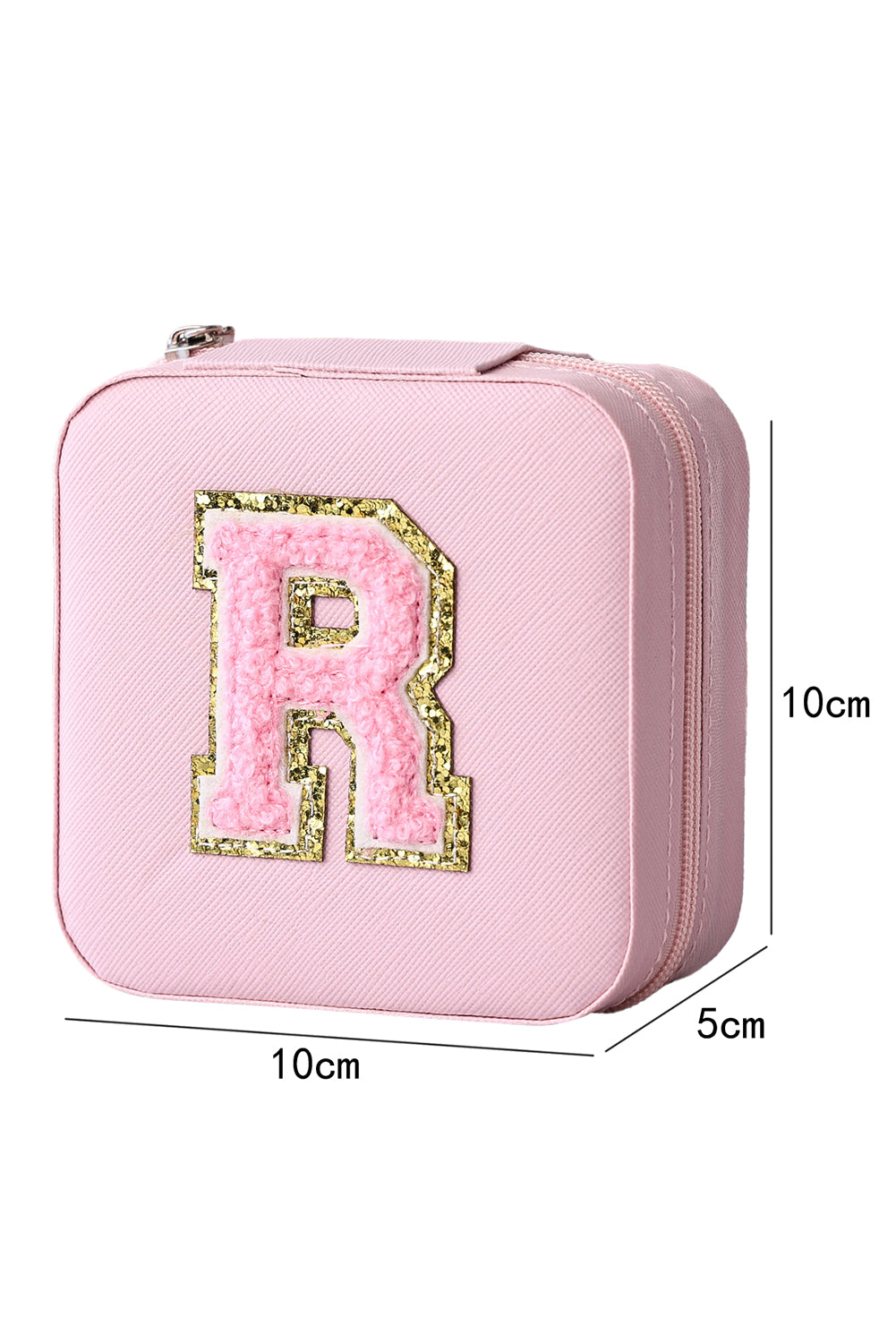 Pink R Chenille Patch Jewelry Box with Mirror