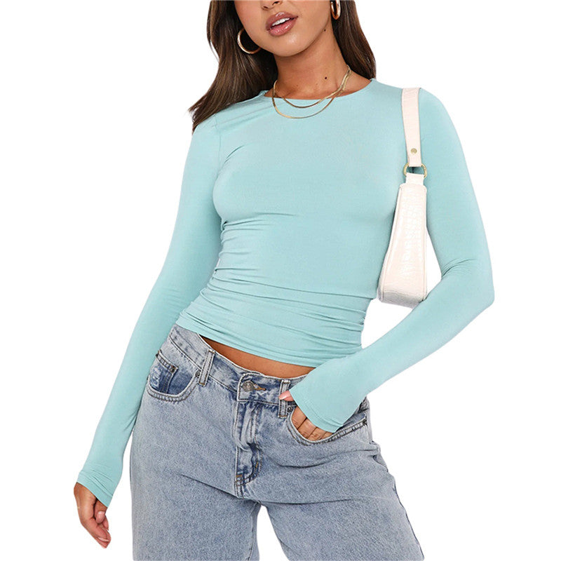 Women's Slim Long-sleeved Pullovers Tops Solid Causal Fit Shirts