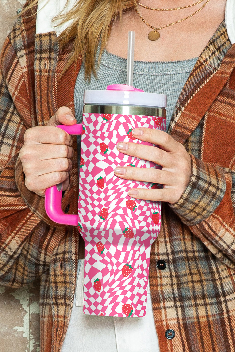 Rose Red Strawberry & Checkered Print Handled Tumbler 40oz