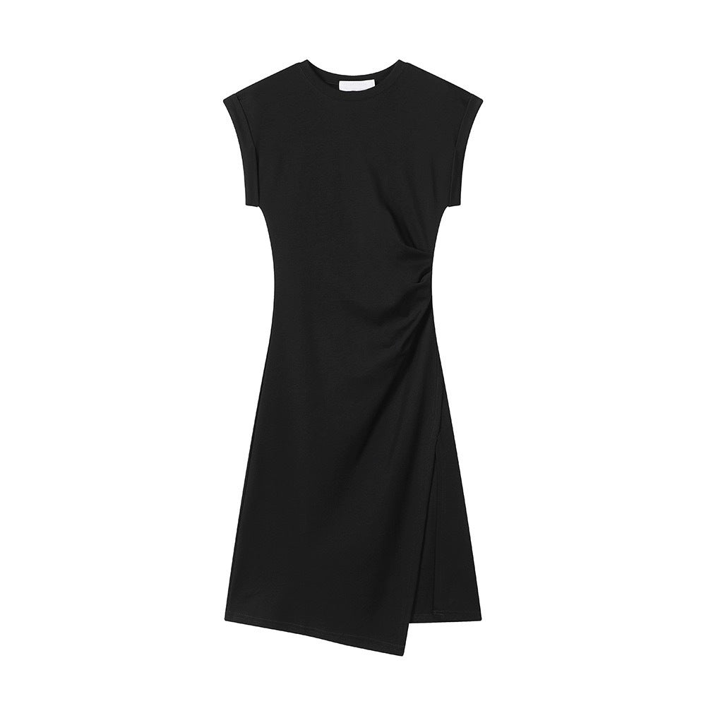 Crimp Waist Split Thread T-shirt Dress Women's Round Neck Top