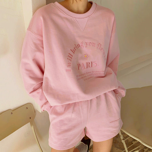 Round Neck Embroidered Letter Sweater Casual Shorts Suit Women