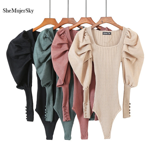 SheMujerSky Autumn Knitted Bodysuits Women Vintage Square Collar Puff Sleeve Bodysuit 2020 Solid Color Slim Jumpsuit