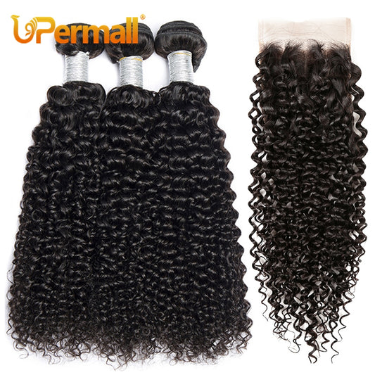 Upermall 3/4 Brazilian Remy Kinky Curly Human Hair Bundles With Closure Transparent 4x4 Lace Closure and Weave Bundle 10A Soft