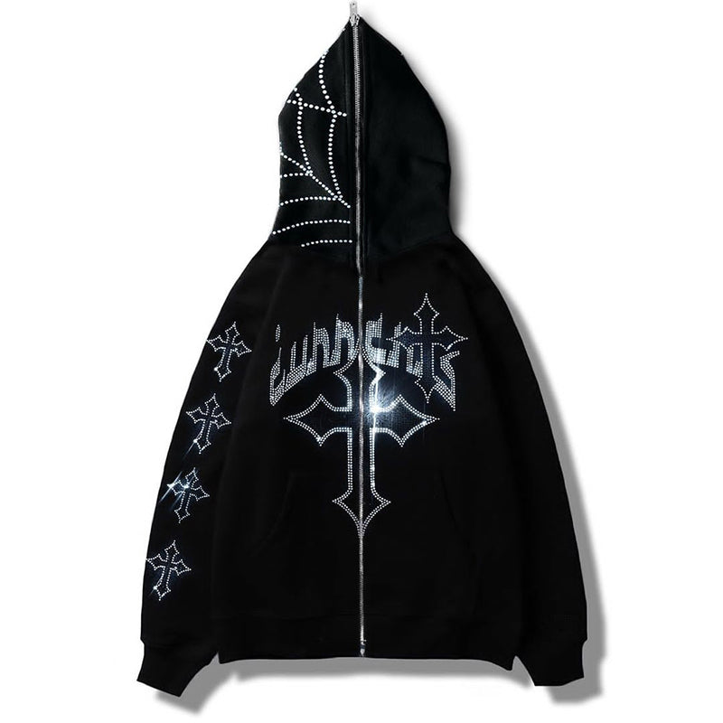 Y2k full-zip hoodie hip-hop print hooded sweatshirt Harajuku Gothic oversized men&#39;s coat