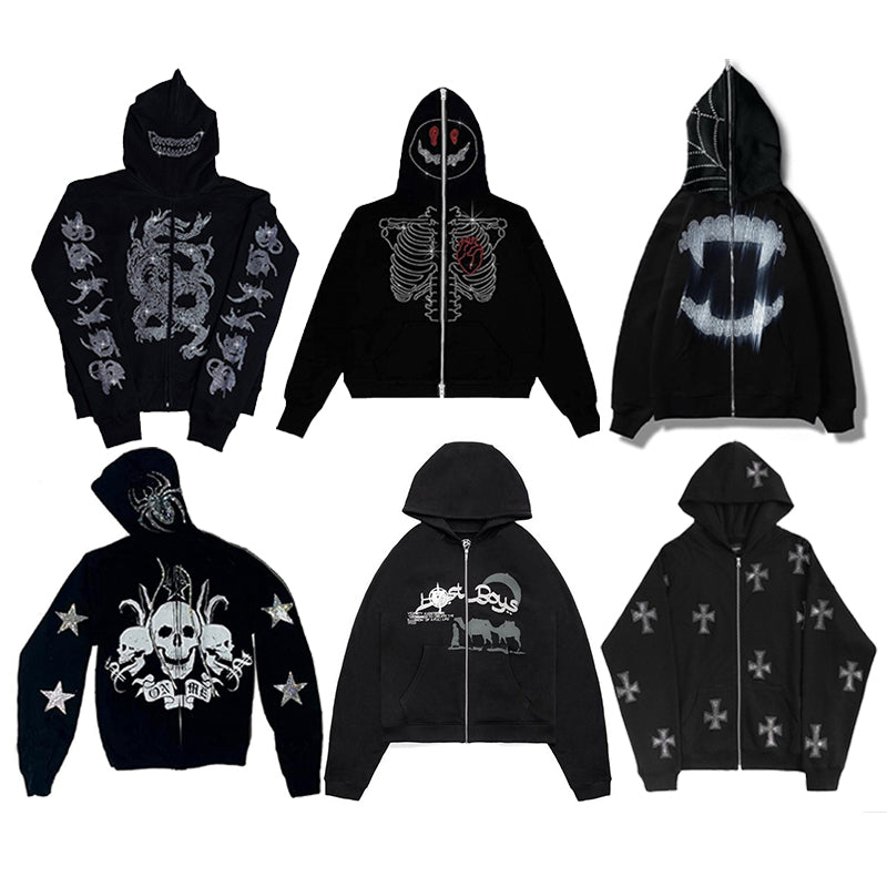 Zip Hoodie Rhinestone Skeleton Goth Sweatshirt Sport Coat Pullover Men&#39;s Gothic Long Sleeve Oversized Hoodie Y2k Jacket Hoodies