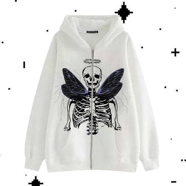Zip Hoodie Rhinestone Skeleton Goth Sweatshirt Sport Coat Pullover Men&#39;s Gothic Long Sleeve Oversized Hoodie Y2k Jacket Hoodies