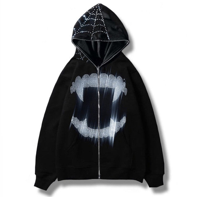 Zip Hoodie Rhinestone Skeleton Goth Sweatshirt Sport Coat Pullover Men&#39;s Gothic Long Sleeve Oversized Hoodie Y2k Jacket Hoodies