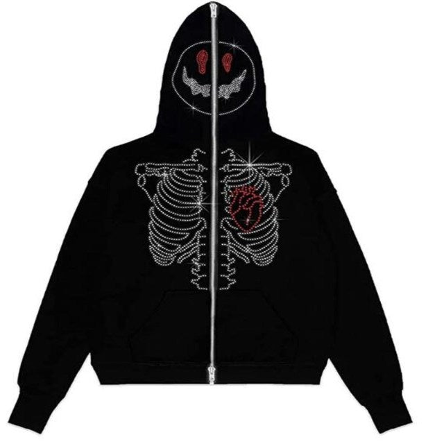 Zip Hoodie Rhinestone Skeleton Goth Sweatshirt Sport Coat Pullover Men&#39;s Gothic Long Sleeve Oversized Hoodie Y2k Jacket Hoodies