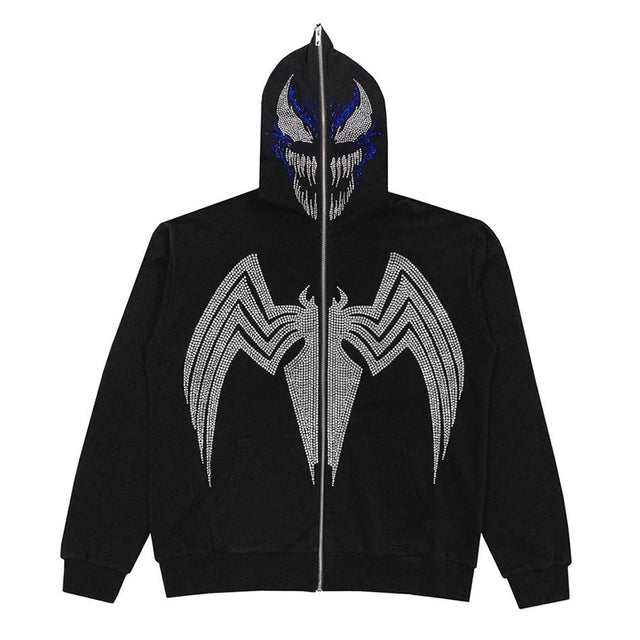 Zip Hoodie Rhinestone Skeleton Goth Sweatshirt Sport Coat Pullover Men&#39;s Gothic Long Sleeve Oversized Hoodie Y2k Jacket Hoodies