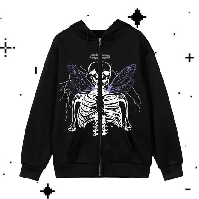 Zip Hoodie Rhinestone Skeleton Goth Sweatshirt Sport Coat Pullover Men&#39;s Gothic Long Sleeve Oversized Hoodie Y2k Jacket Hoodies