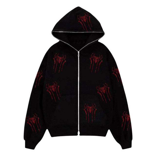 Zip Hoodie Rhinestone Skeleton Goth Sweatshirt Sport Coat Pullover Men&#39;s Gothic Long Sleeve Oversized Hoodie Y2k Jacket Hoodies