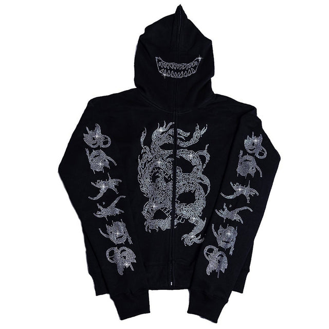 Zip Hoodie Rhinestone Skeleton Goth Sweatshirt Sport Coat Pullover Men&#39;s Gothic Long Sleeve Oversized Hoodie Y2k Jacket Hoodies